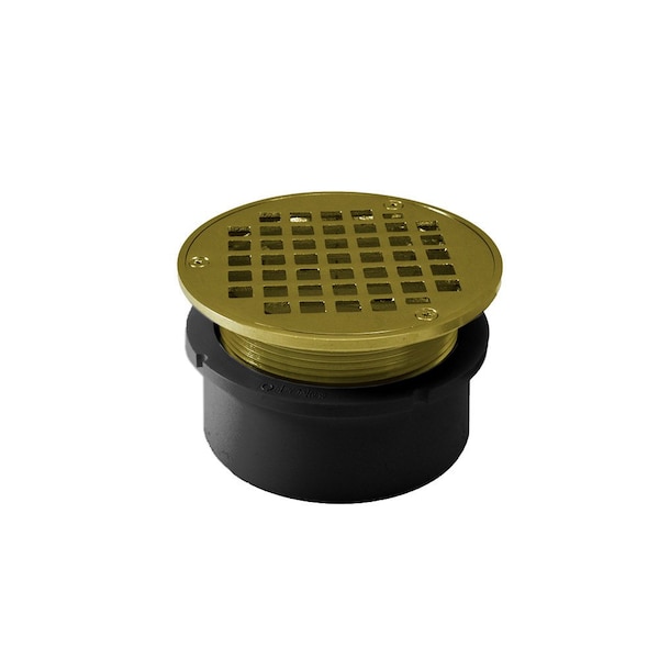 Jones Stephens 4in. PVC Hub Fit Drain Base with 3-1/2in. Metal Spud and 6in. Polished Brass Strainer D53006 - main